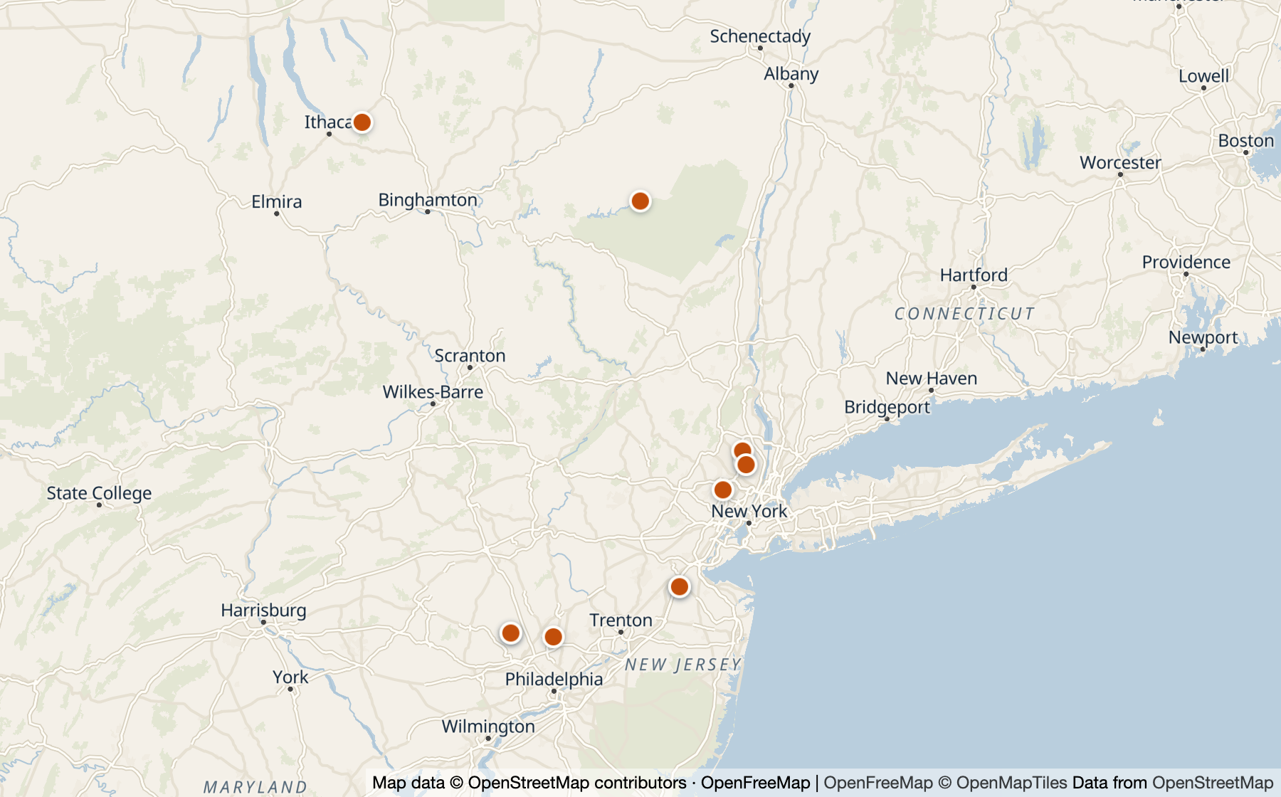 Map of the tri-state area with 16 verified businesses marked